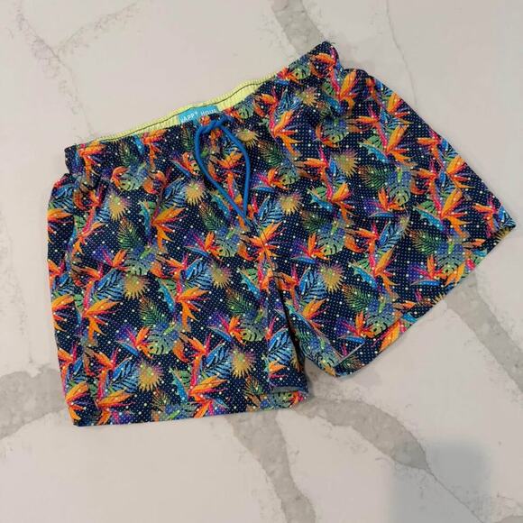Happy Hour Blue Nylon Leaf Print Drawstring Swim Trunk Board Shorts Men’s Large - Picture 1 of 7